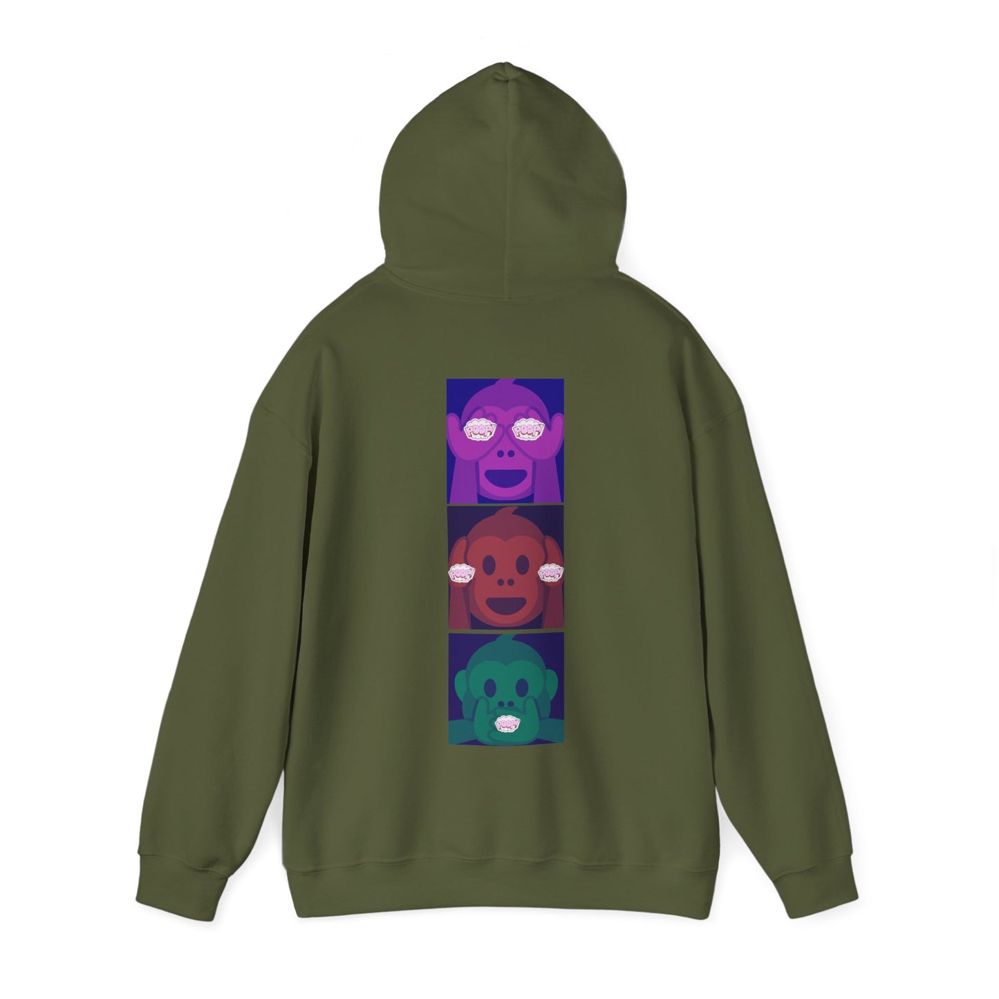 Introducing our iconic "See No Evil..Poop, Hear No Evil..Poop, Speak No Evil..Poop" monkeys hooded sweatshirt.