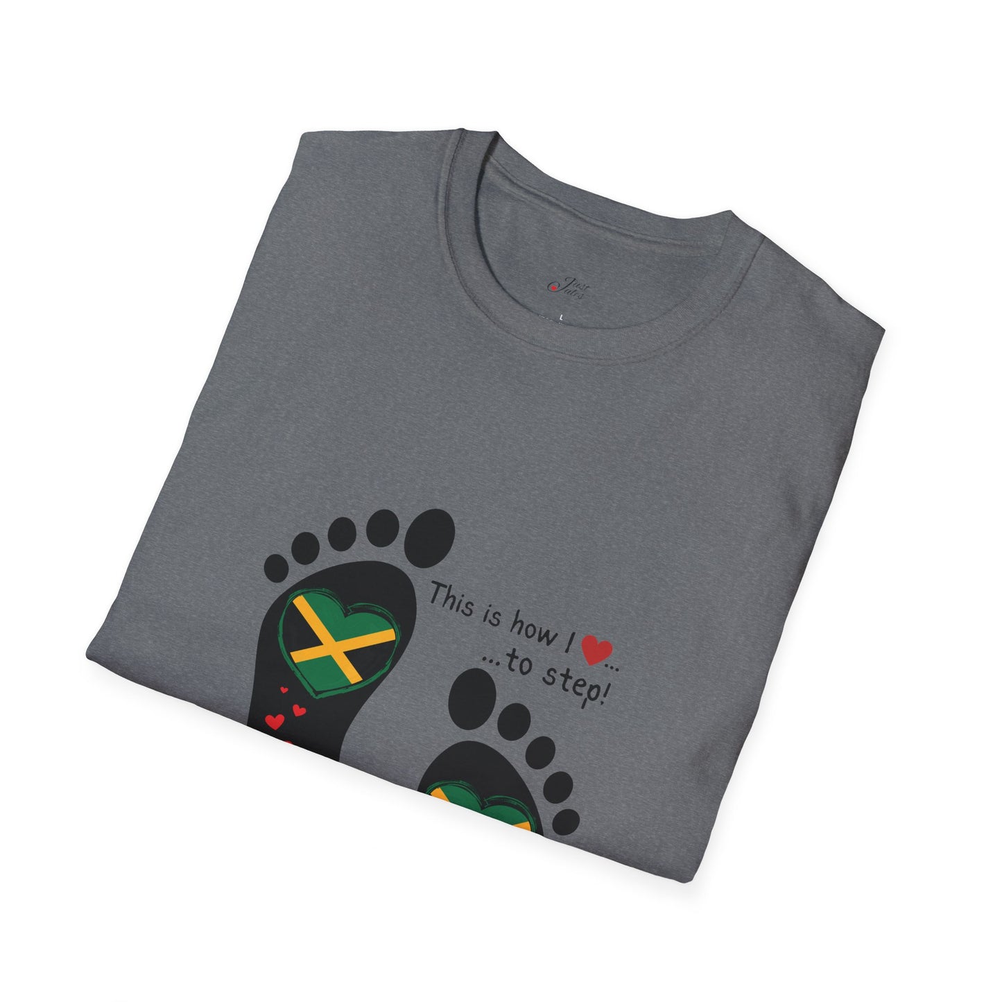 Heart-Shaped Jamaican Flag in Footsteps Unisex Softstyle Tee: Island Pride in Every Step! Jamaican Gift Idea. Love Jamaica. Heritage Pride.