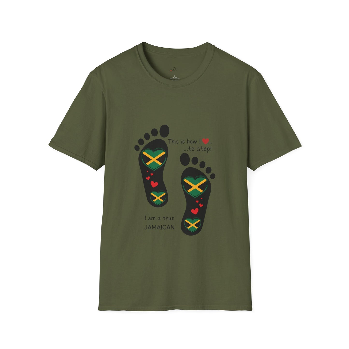 Heart-Shaped Jamaican Flag in Footsteps Unisex Softstyle Tee: Island Pride in Every Step! Jamaican Gift Idea. Love Jamaica. Heritage Pride.