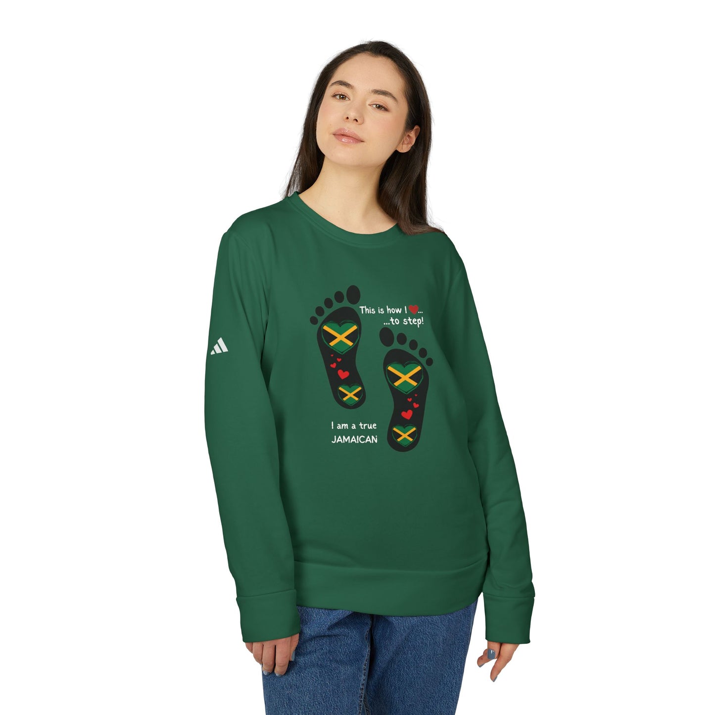 adidas® Unisex Fleece Crewneck Sweatshirt - LoveJustJules Heart-Shaped Flag of Jamaica in Footprints Top - A Fusion of Style, Patriotism, and adidas® Quality