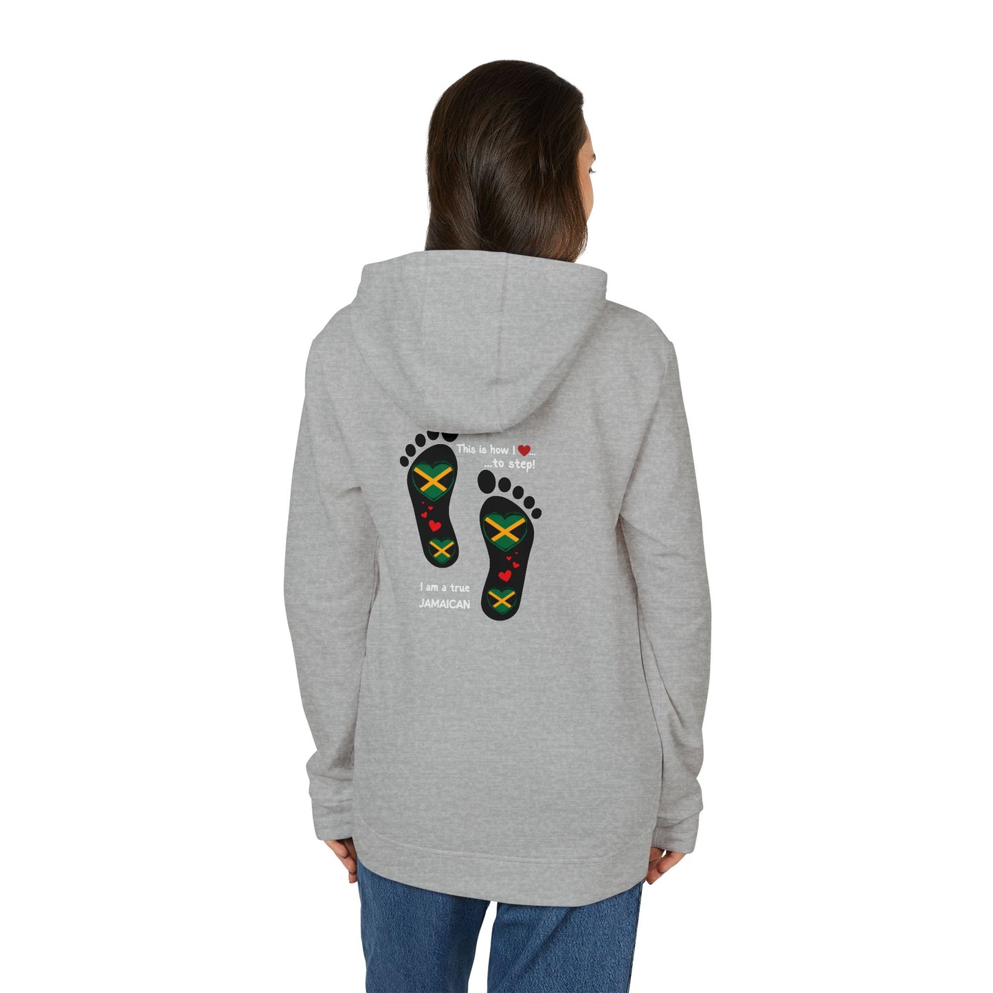 adidas® Unisex Fleece Hoodie - LoveJustJules Heart-Shaped Flag of Jamaica in Footprints Top - A Fusion of Style, Patriotism, and adidas® Quality -