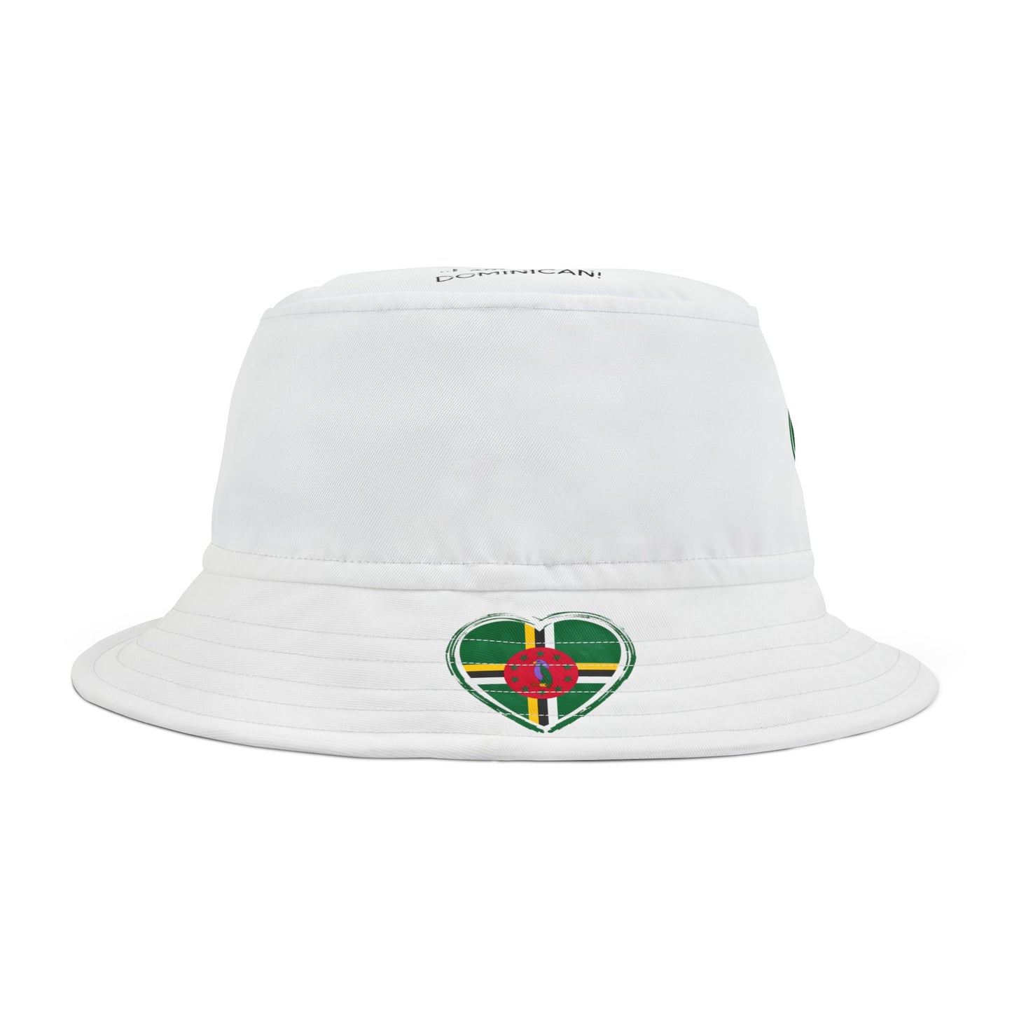 Heart-Shaped Dominica Flag Print Bucket Hat with 'All Up In My Head... I am a True Dominican' Text