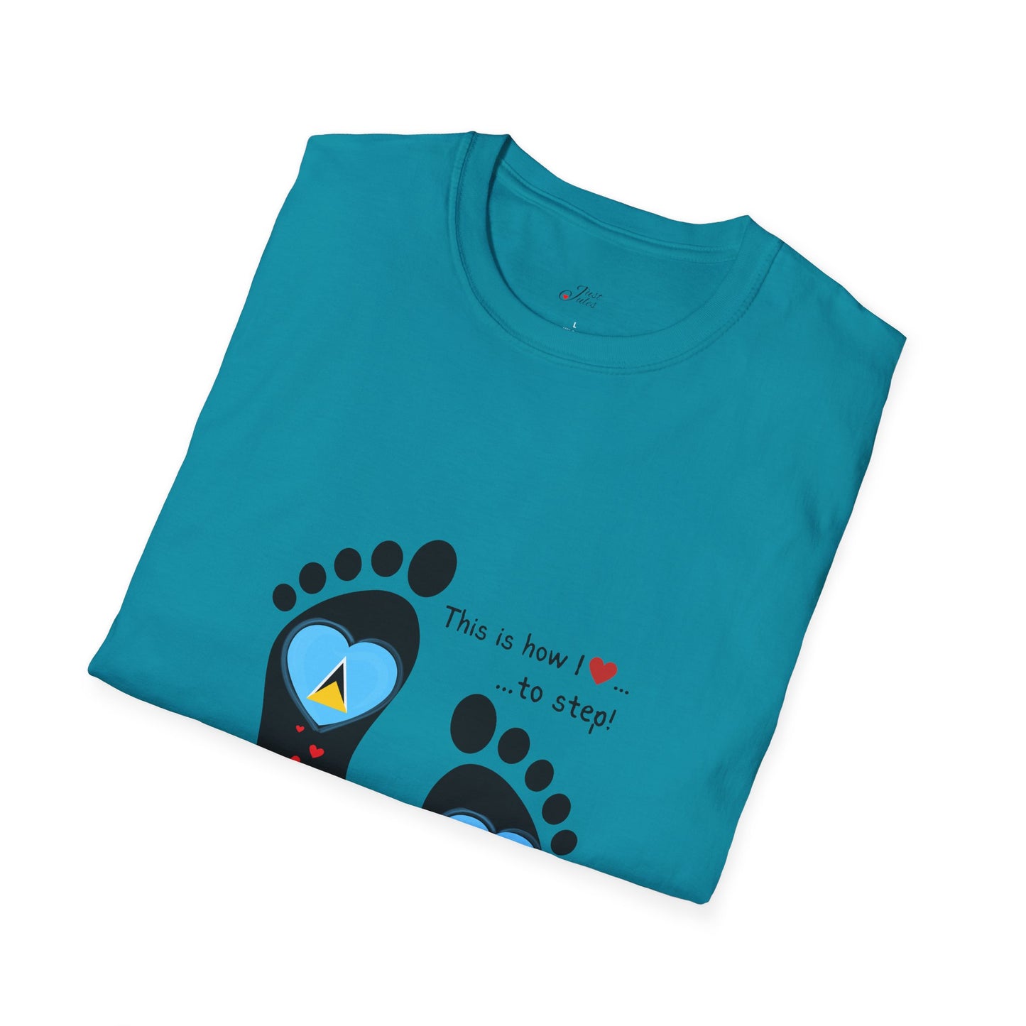 Step into Caribbean Elegance: Saint Lucia Heart-Shaped Flags in Footprints Unisex Softstyle Tee for Casual Comfort and Island Pride!