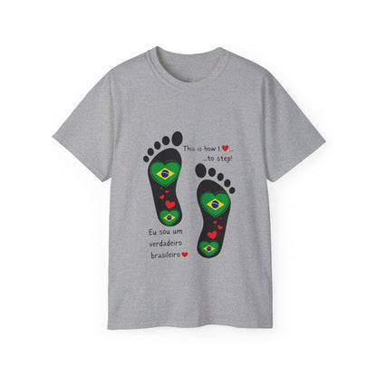 Front and Back Print Design - Brazil Heart-Shaped Flags in Footprints - Unisex Tee-Shirt Gift Idea