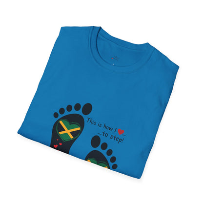 Heart-Shaped Jamaican Flag in Footsteps Unisex Softstyle Tee: Island Pride in Every Step! Jamaican Gift Idea. Love Jamaica. Heritage Pride.