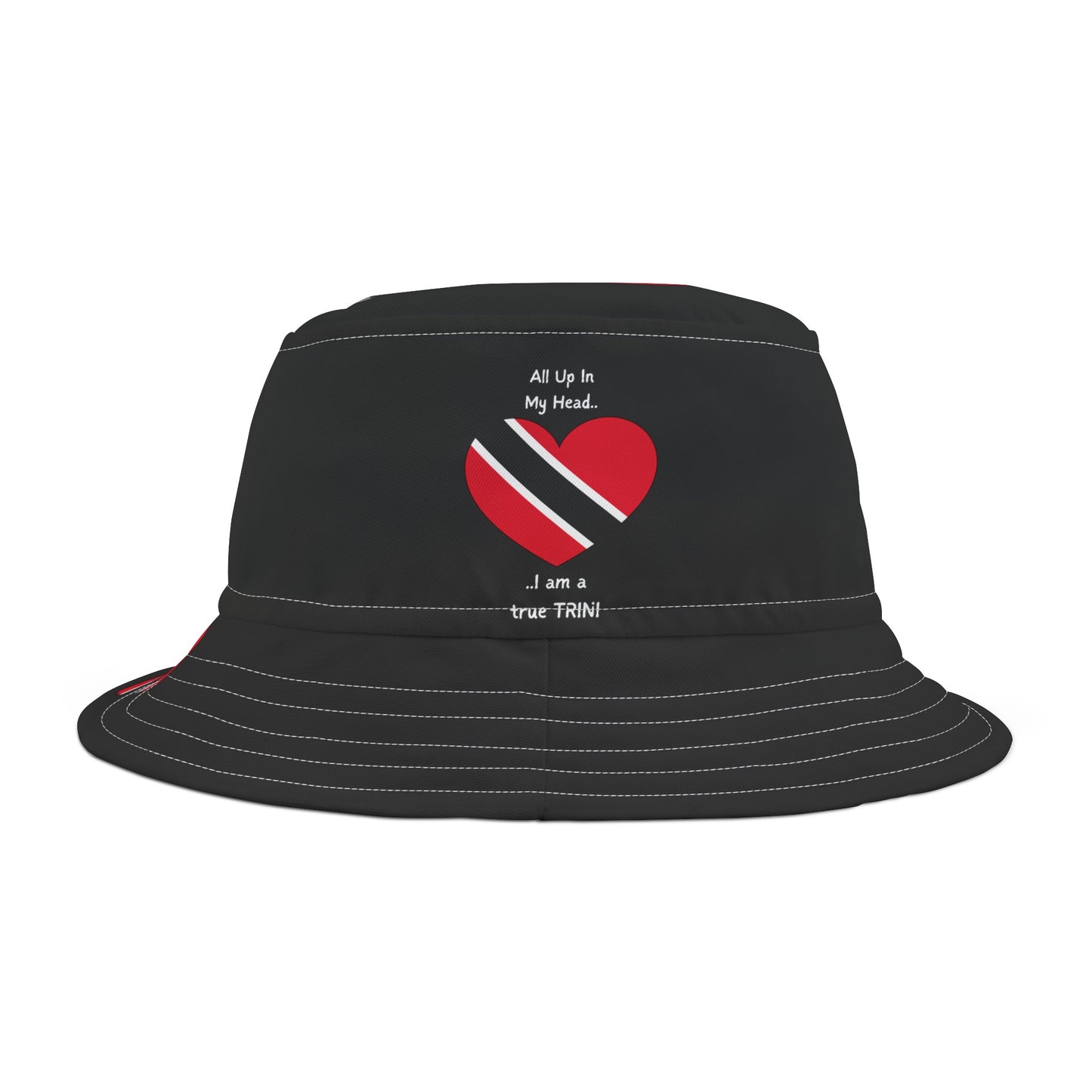 Heart-Shaped Trinidad & Tobago Flag Bucket Hat with 'All Up In My Head... I am a True Trini' Text