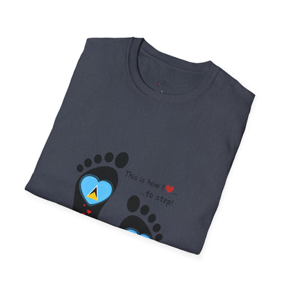 Step into Caribbean Elegance: Saint Lucia Heart-Shaped Flags in Footprints Unisex Softstyle Tee for Casual Comfort and Island Pride!