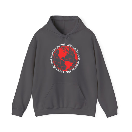 Red World Outline Hooded Top. Eco-friendly fashion with a message. Save the planet, unite the world.