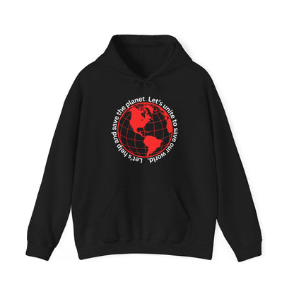 Red World Outline Hooded Top. Eco-friendly fashion with a message. Save the planet, unite the world.