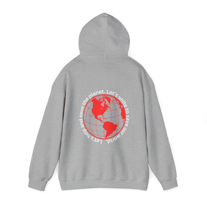 Red World Outline Hooded Top. Eco-friendly fashion with a message. Save the planet, unite the world.